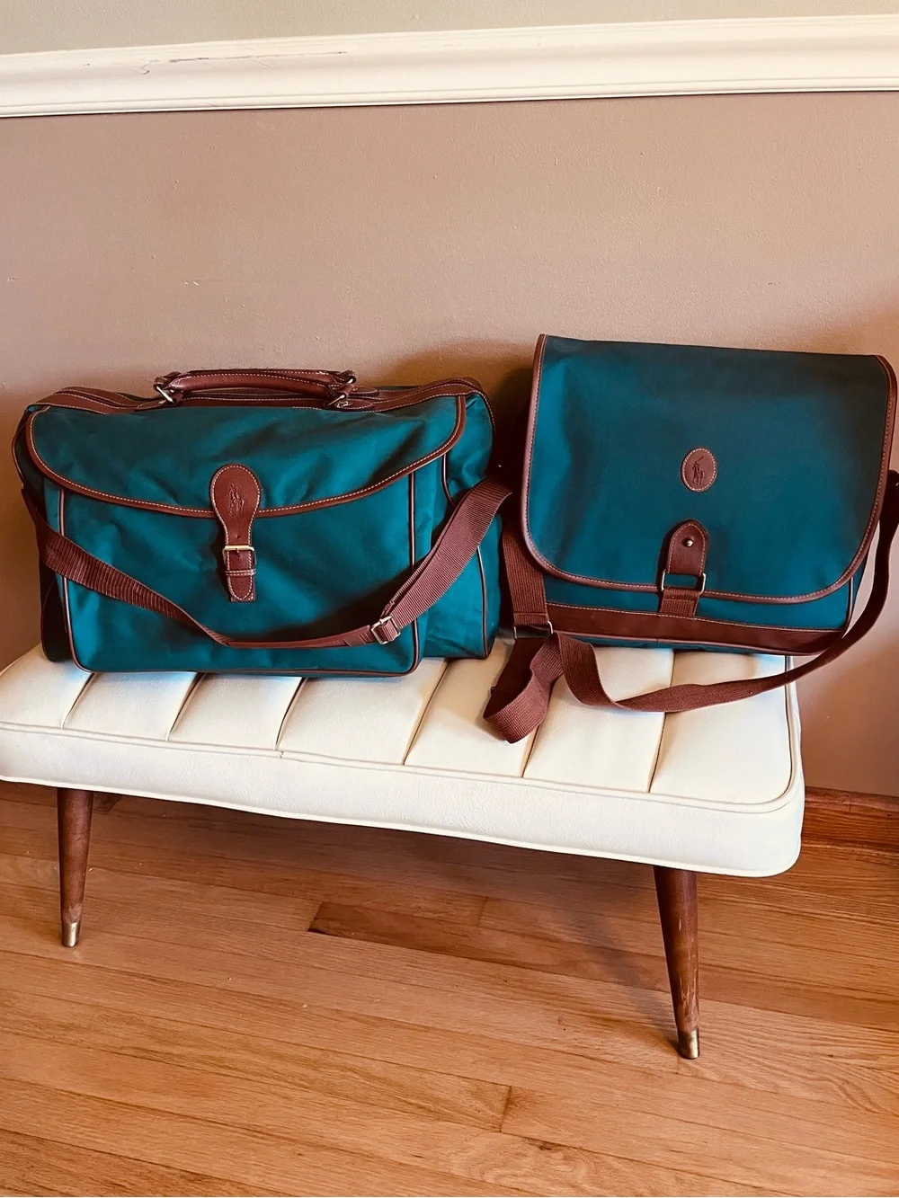 Vtg 90s Polo Ralph Lauren green Luggage Set of 2 Pieces messenger and weekender
